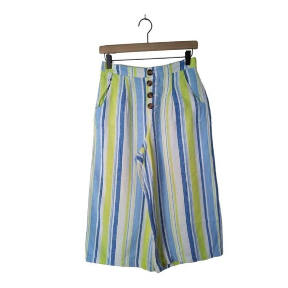 A.N.A Green & Blue Striped Linen Blend High Waist Crop Culottes Pants Sz S - Picture 1 of 5